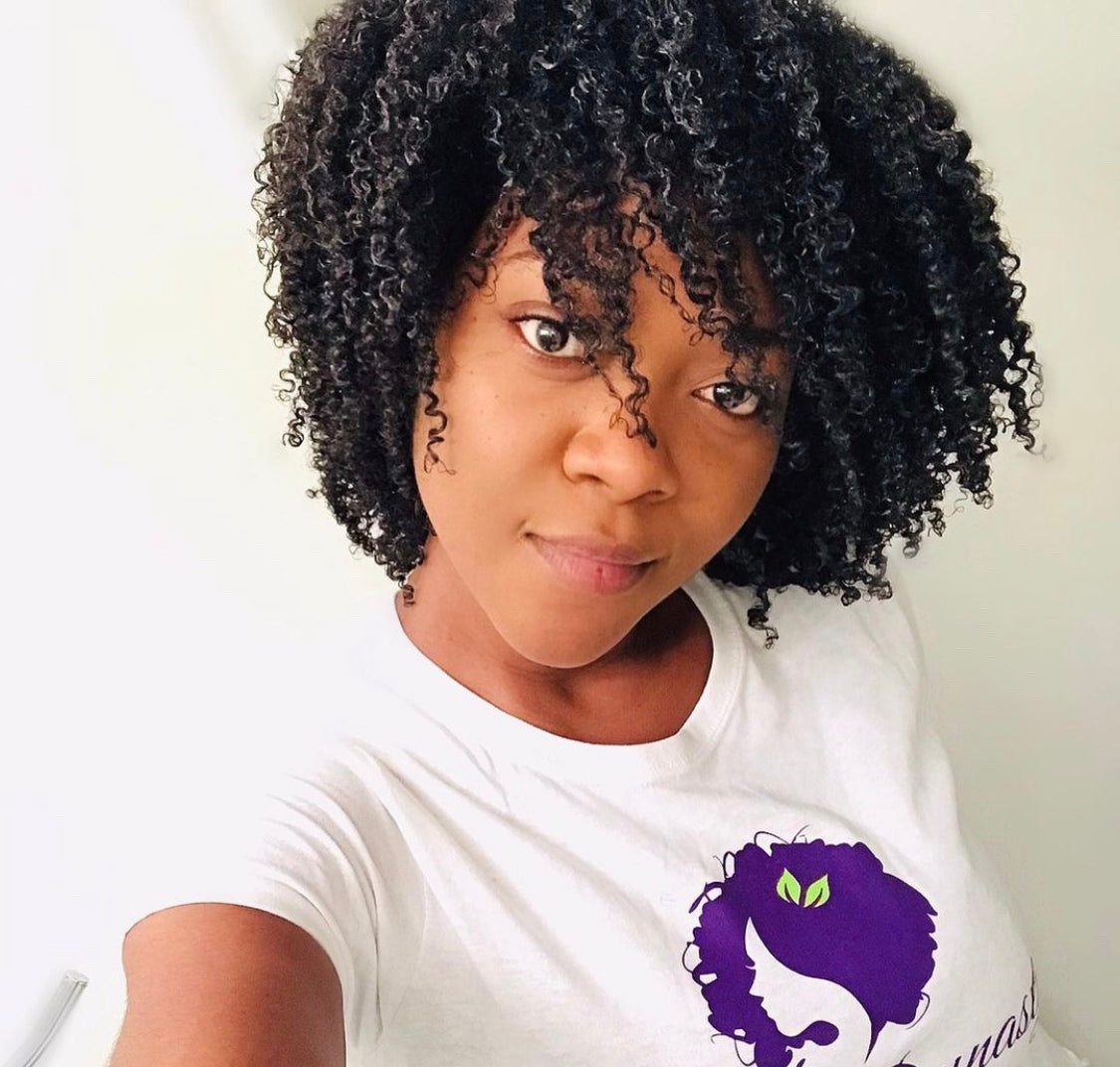 Nickie showing her hair after using Curls Dynasty products.